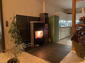 Una cocina moderna con estufa de leña, armarios blancos y una planta en maceta.