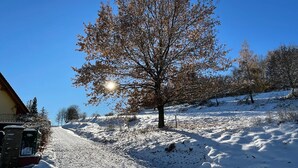 A snow-covered landscape with a clear sky, a tree, and a building with a sloped roof. - AI guest card incl., New, very cozy FEWO comfortable 1A hygiene concept,  (Georgenthal/Thüringer Wald)