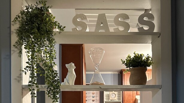 A reception area with a 'SASS' sign, a welcome sign, and various decorative items including plants and figurines. - {Bunga-YOLO} Fun and Games in CLT's Best Neighborhood. Hot Tub NEW and working! (Charlotte)