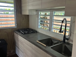 Fridge, microwave, stovetop, coffee/tea maker