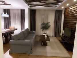 Una sala de estar moderna con un sofá, una mesa de centro, un televisor y una mesa de comedor.