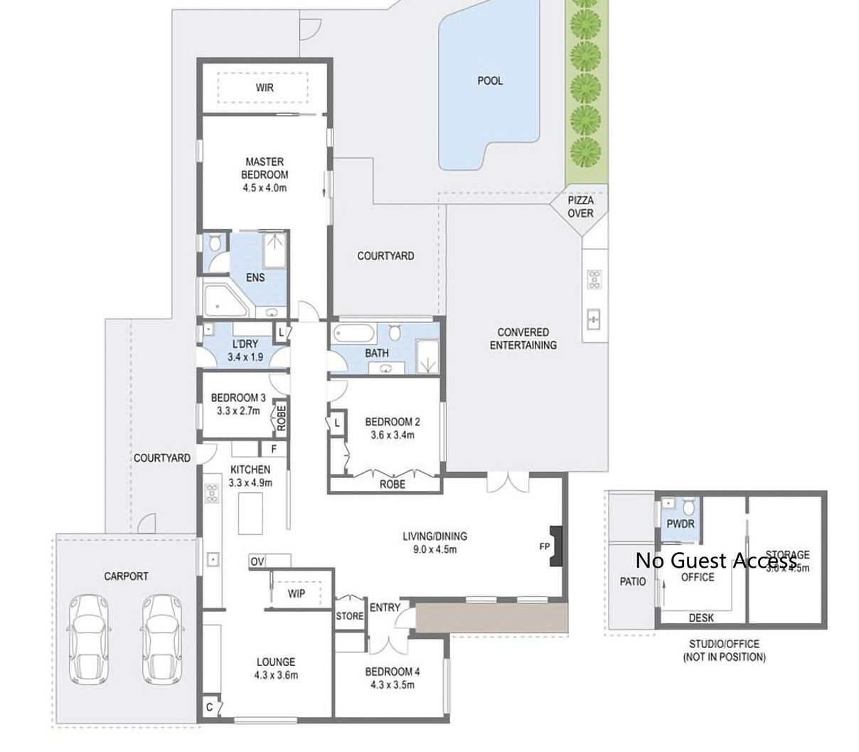 Un plan d’étage d’un hôtel comprenant une piscine, un patio et un abri pour voitures.