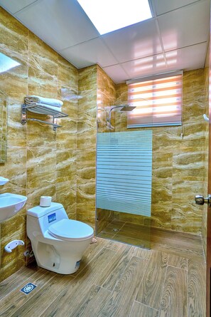 A bathroom with a toilet, sink, and shower. - Hotel Casa Libertad (Santo Domingo)