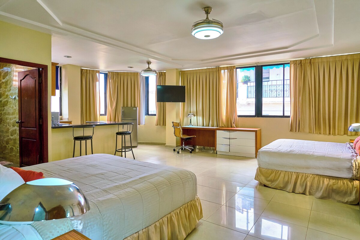 Une chambre d’hôtel avec deux lits, un bureau, une chaise, une télévision et un ventilateur de plafond.
