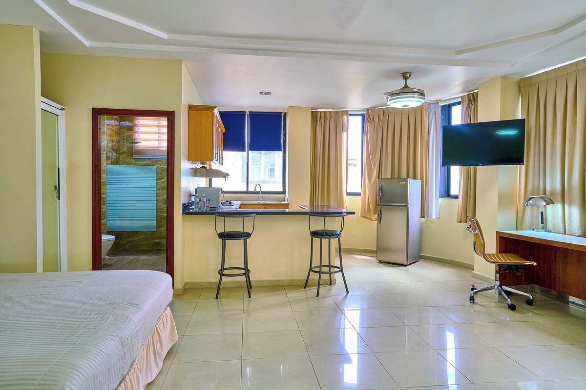 Hotelkamer met een bed, bureau, stoel, televisie, koelkast en badkamer met douche en toilet.