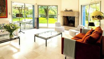 Télévision, cheminée, table de tennis de table, livres