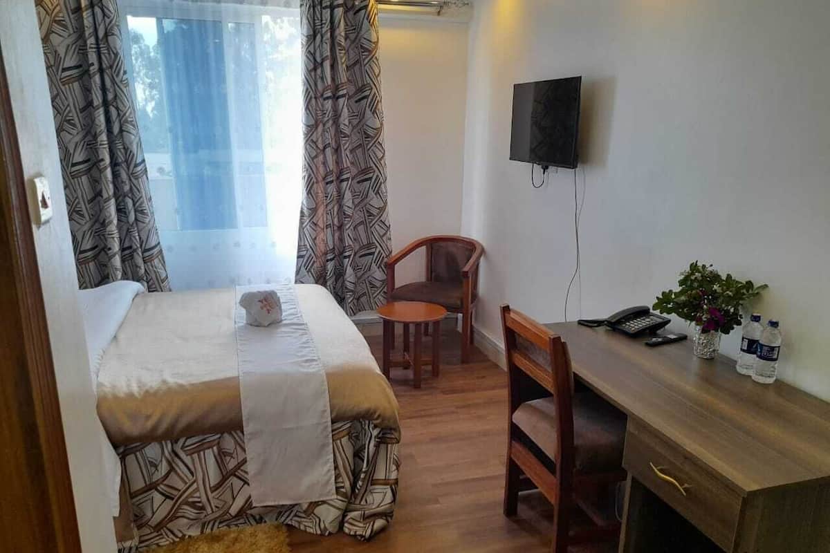 Une chambre à coucher avec un lit, un bureau, une chaise, une télévision et une fenêtre avec des rideaux.