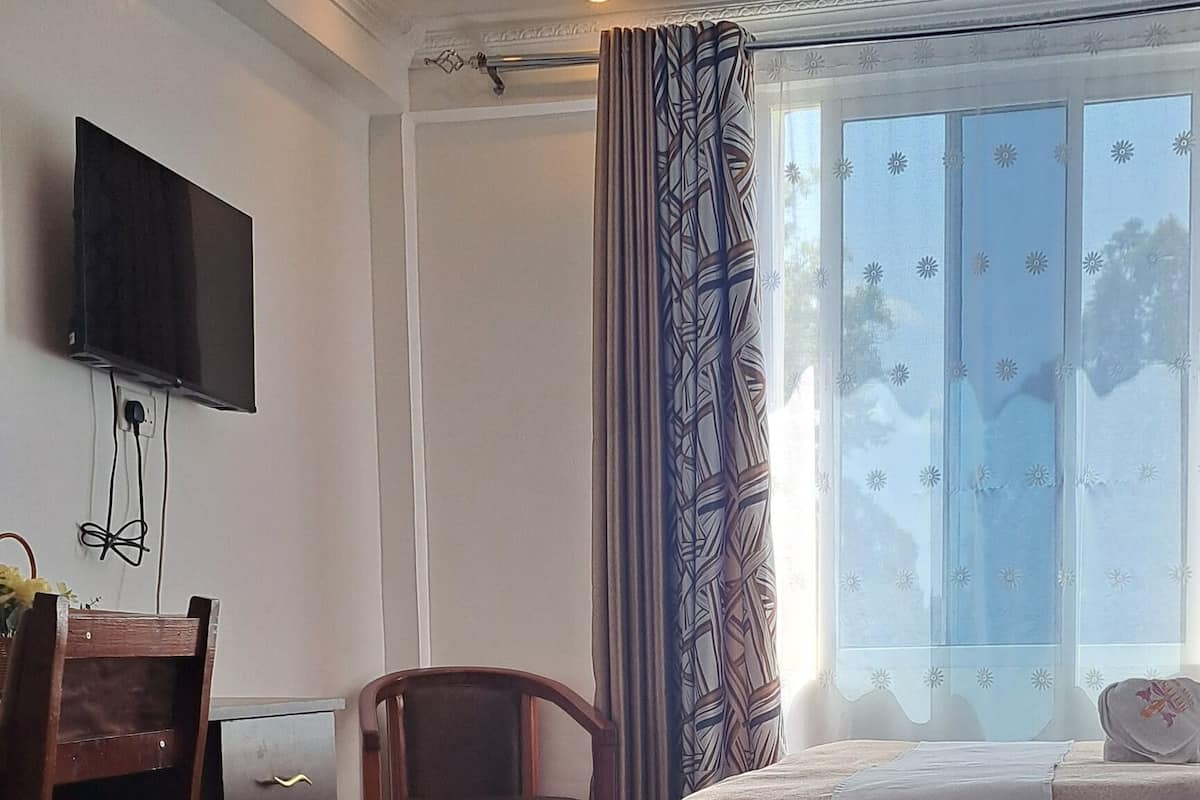 Une chambre d’hôtel comprenant un lit, un bureau avec une chaise, une télévision et une fenêtre avec des rideaux.
