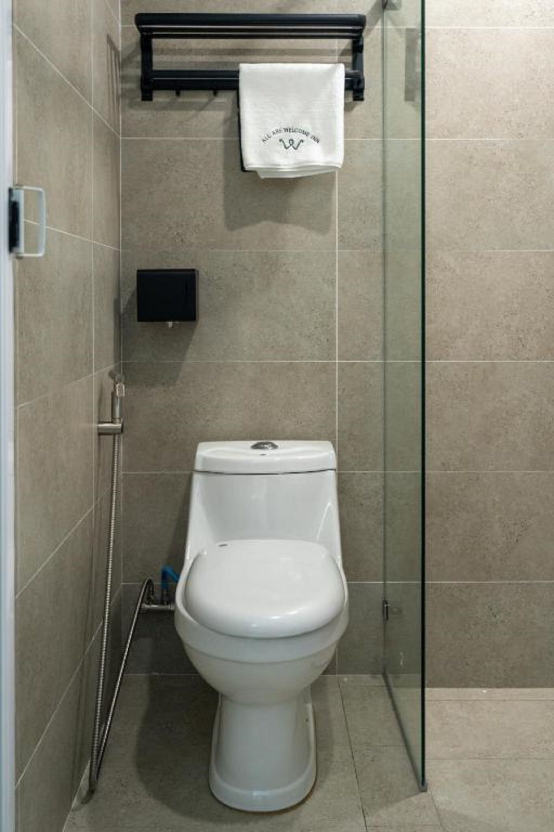A modern bathroom with a white toilet, a glass shower enclosure, and a towel rack with a white towel.