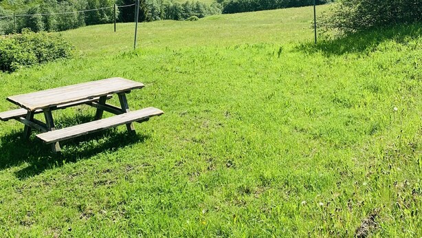 A picnic table in a grassy field with a mountain in the background. - Comfortable alpine-style LA STAFFA hut 5 minutes from Bormio (Valdidentro)