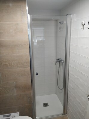 Regadera, secadora de cabello, toallas, papel de baño