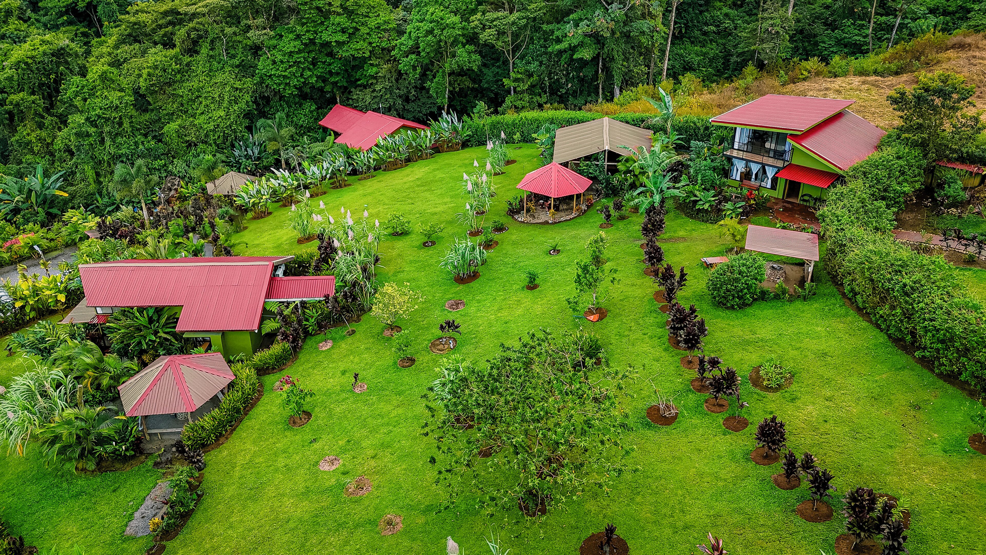 Un exuberante jardín con varias estructuras de techo rojo, rodeado de abundante follaje y diversas plantas.