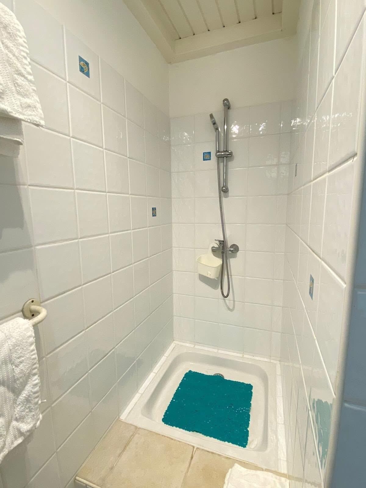 A small, tiled shower room with a single showerhead, a white towel rack, and a blue bath mat.