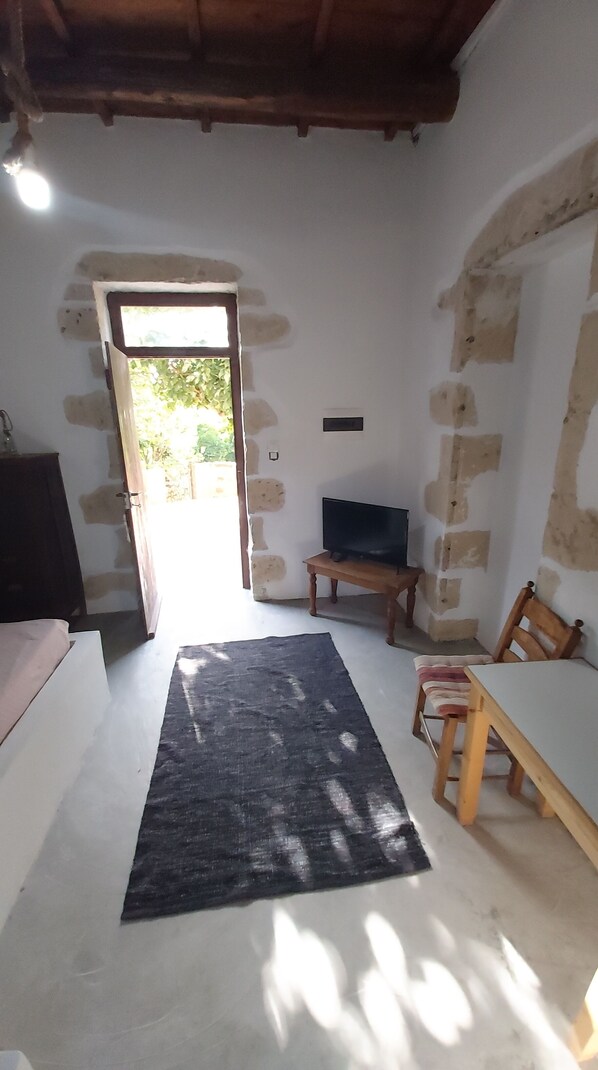 A room with a stone wall, a wooden table, a television on a stand, and a door leading outside.