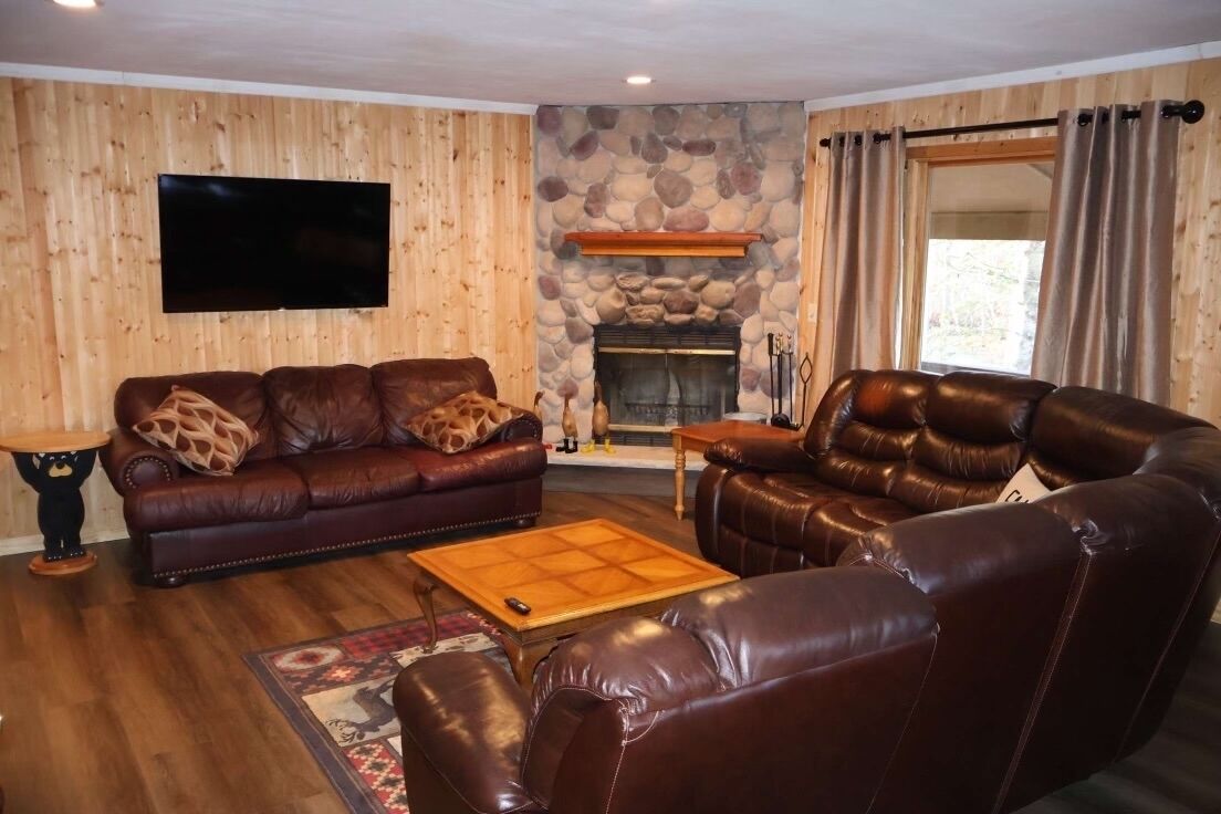 TV connectée, cheminée, livres, chaîne hi-fi