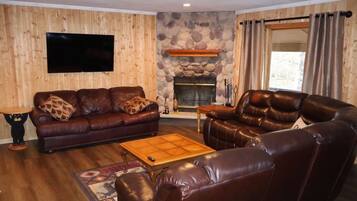 Smart TV, fireplace, books, stereo