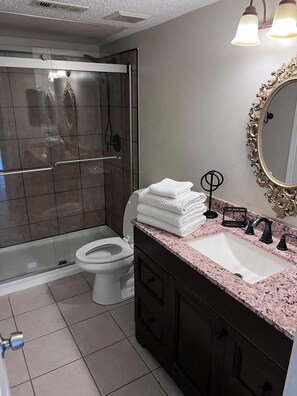 Combined shower/tub, towels, soap, shampoo - Casa de Tushabe (Irving)