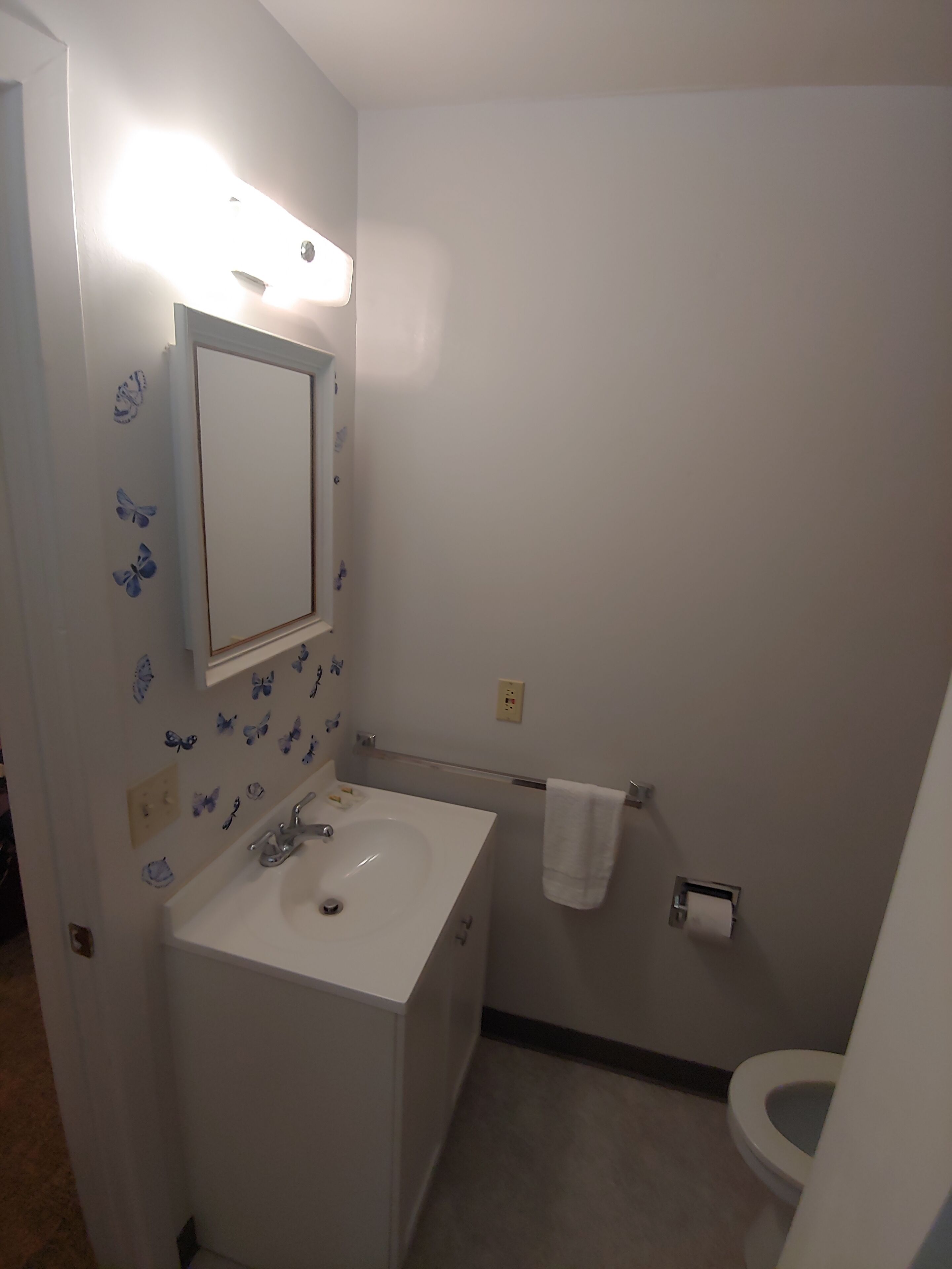 A small bathroom with a white sink, mirror, and toilet.
