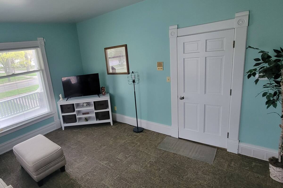 A living room with teal walls, a white door, a window with blinds, a television on a stand, a plant, and a beige ottoman.