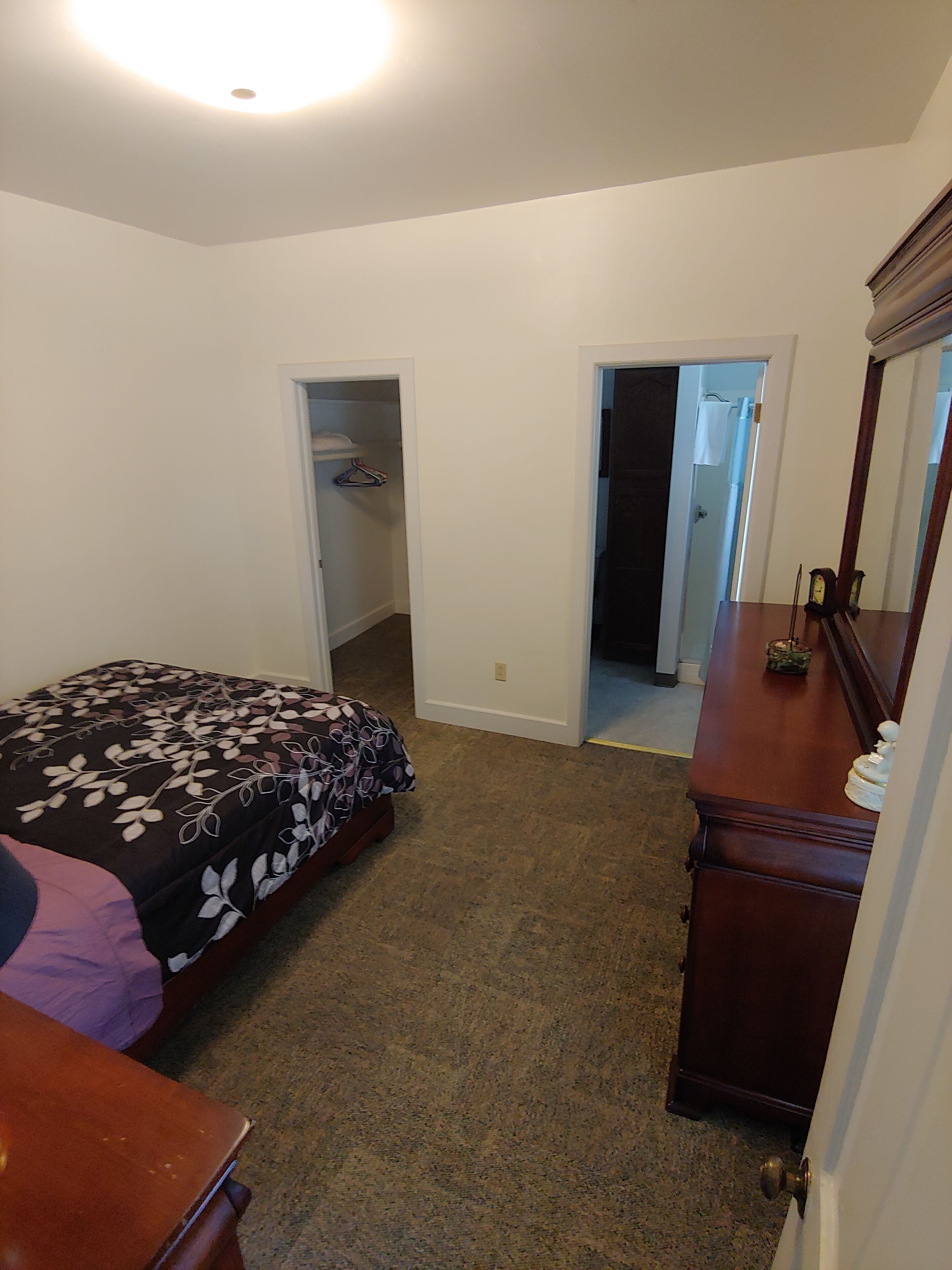 Un dormitorio con cama, cómoda y vestidor.