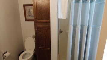 Une salle de bain avec des toilettes, un meuble en bois et un rideau de douche.