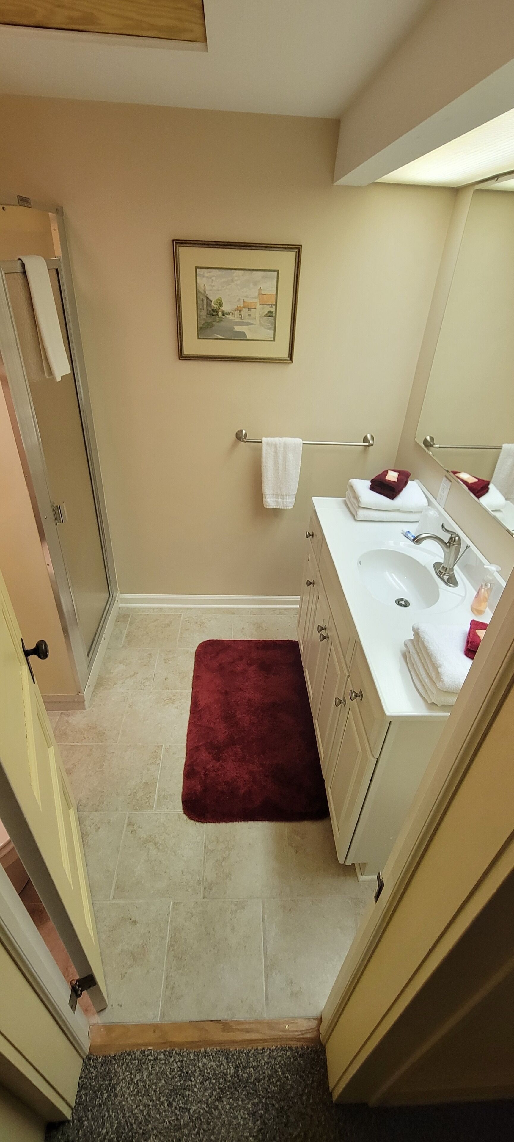 A bathroom with a white sink, a mirror, a framed picture on the wall, a red bath mat, and a towel rack.