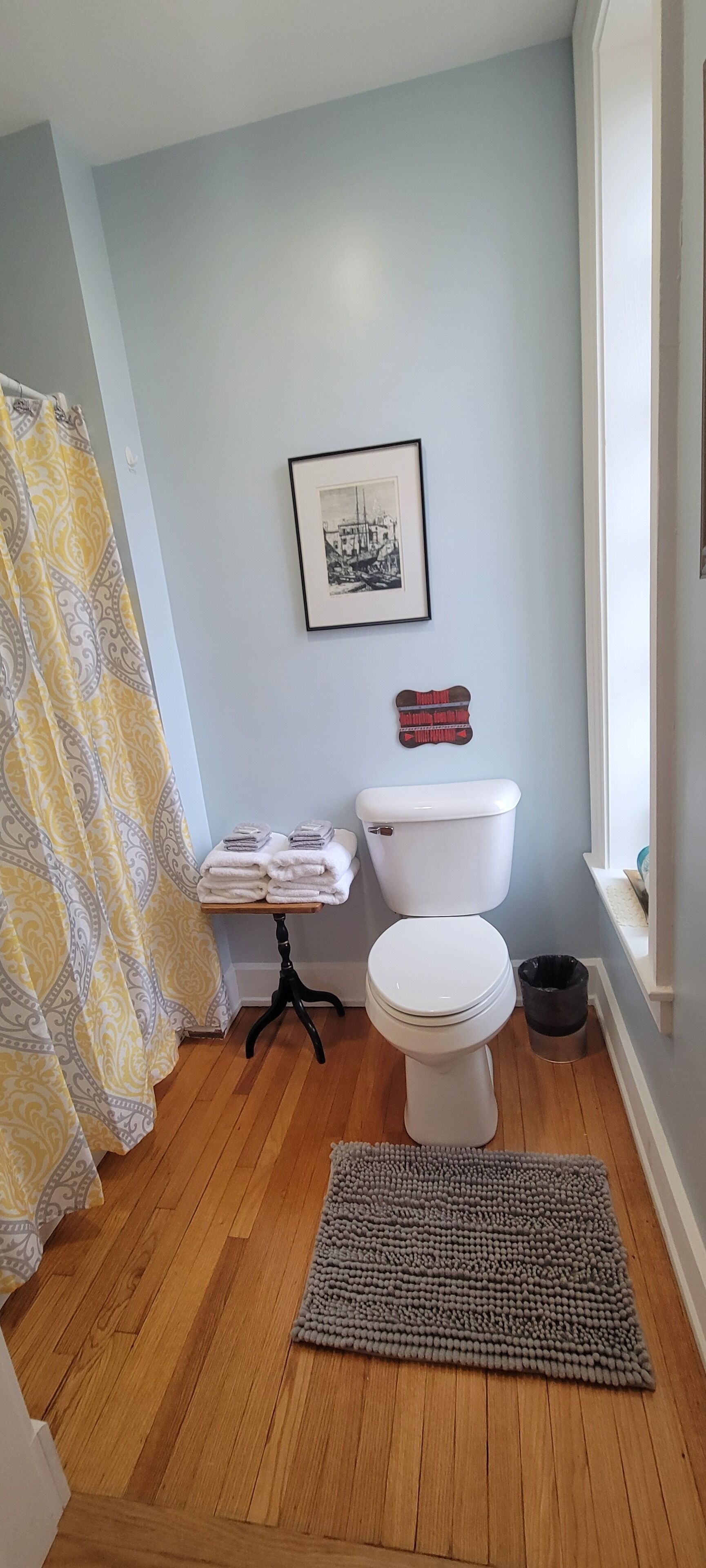 A bathroom with a toilet, a small table with towels, a framed picture on the wall, a patterned shower curtain, and a rug on the floor.