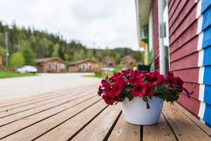A wooden deck with a white pot of red flowers in the foreground.