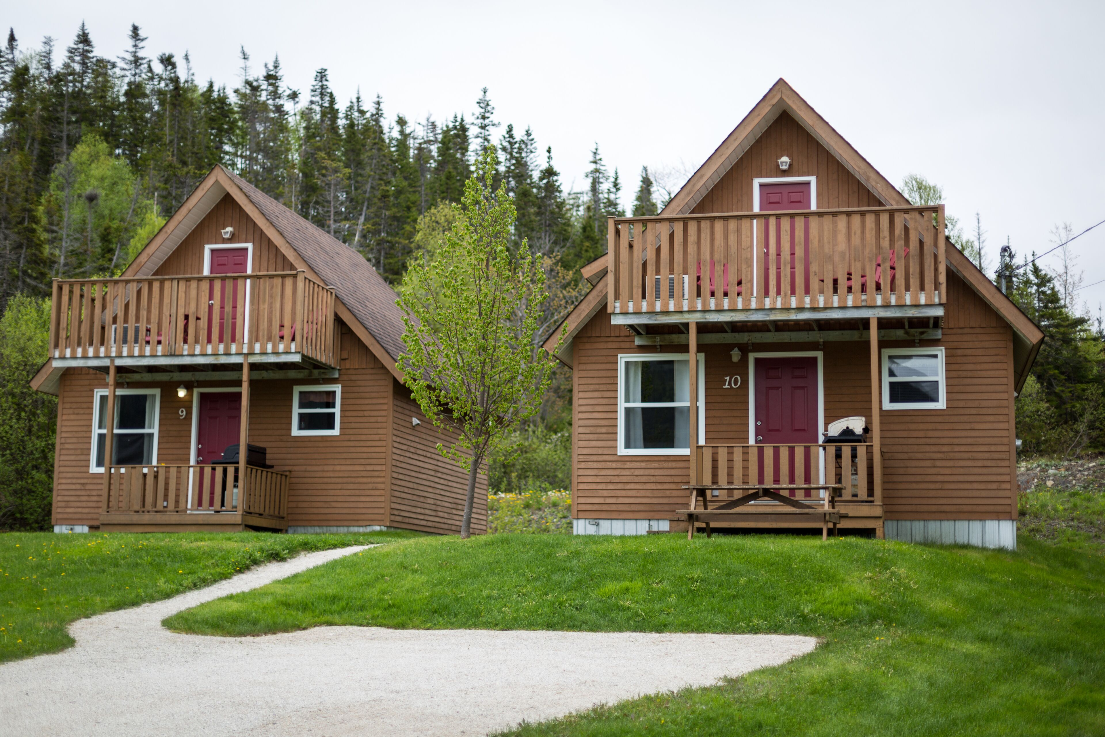 Twee houten chalets met balkons, een grindpad en een bebost landschap.