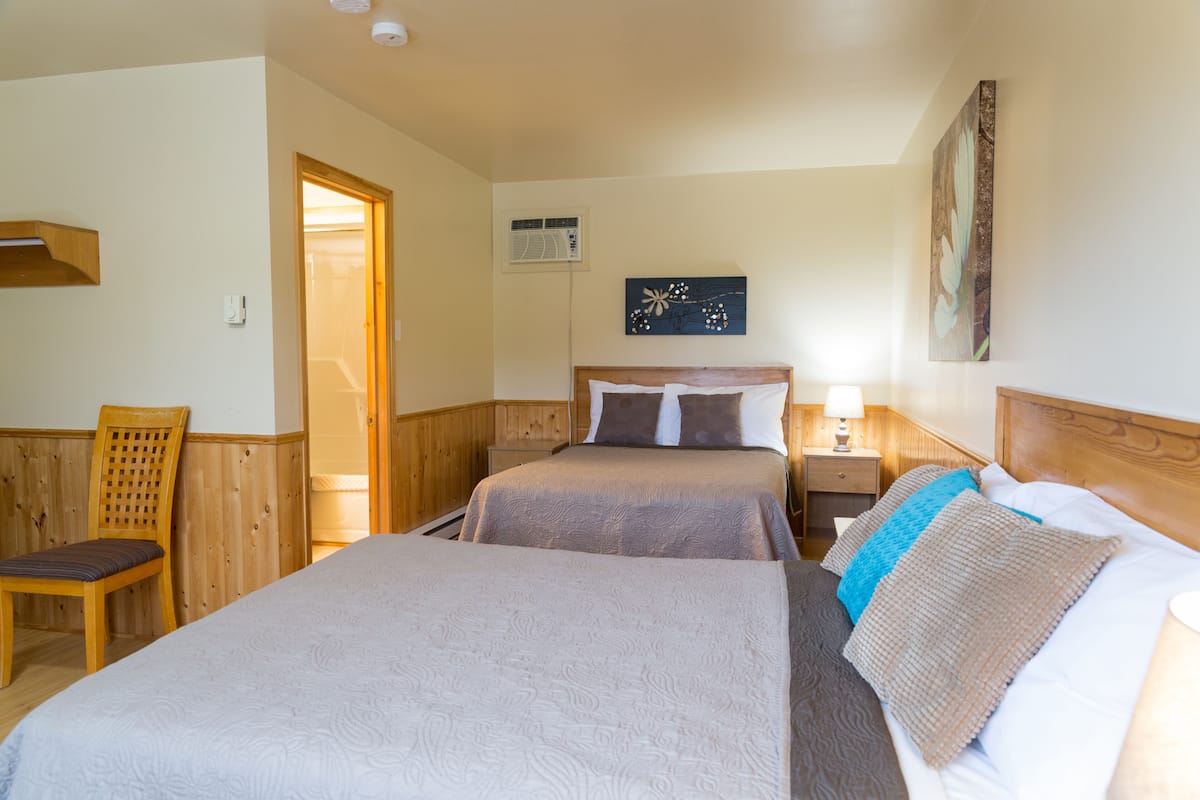 A bedroom with two beds, wooden headboards, a wooden chair, a nightstand, and a wall-mounted air conditioning unit.