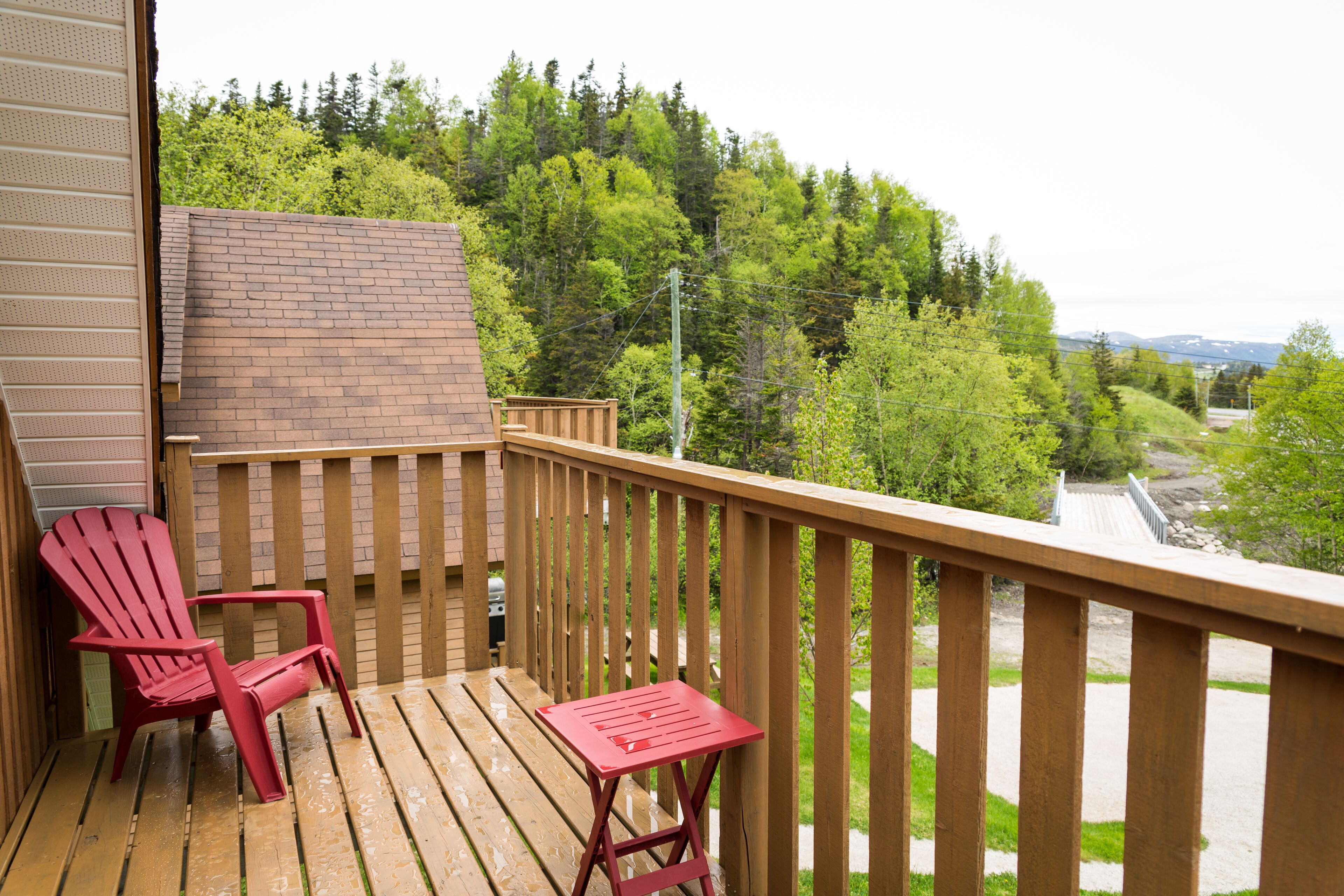 En træterrasse med to Adirondack-stole og et lille bord, med udsigt over et skovområde samt en vej og fjerne bjerge.