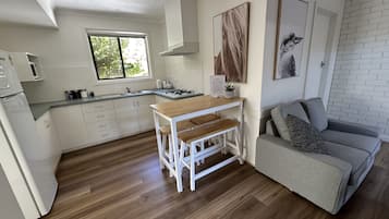 Fridge, microwave, electric kettle, toaster