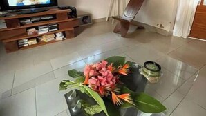 Un salon avec un téléviseur posé sur un meuble en bois, une table basse en verre agrémentée d’un arrangement floral et un fauteuil en bois.