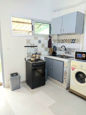 Fridge, microwave, oven, electric kettle