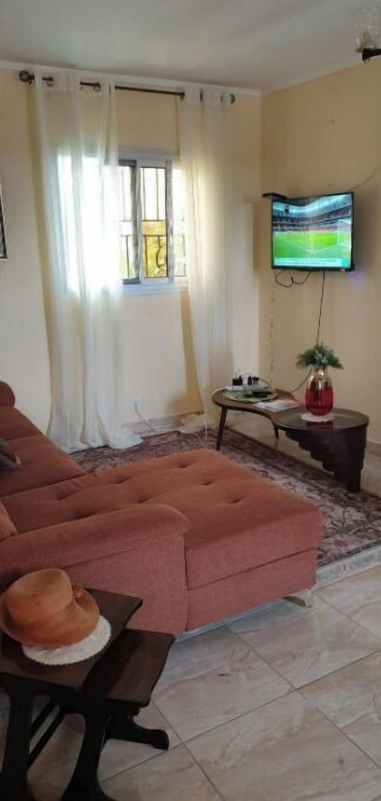 Un salon avec un grand canapé rose, une petite table, un téléviseur fixé au mur et une fenêtre avec des rideaux.