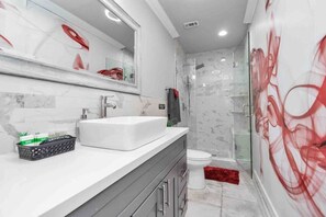 Shower, hair dryer, shampoo