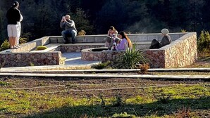 Une terrasse en pierre avec un muret en pierre et une zone herbeuse à l’avant.