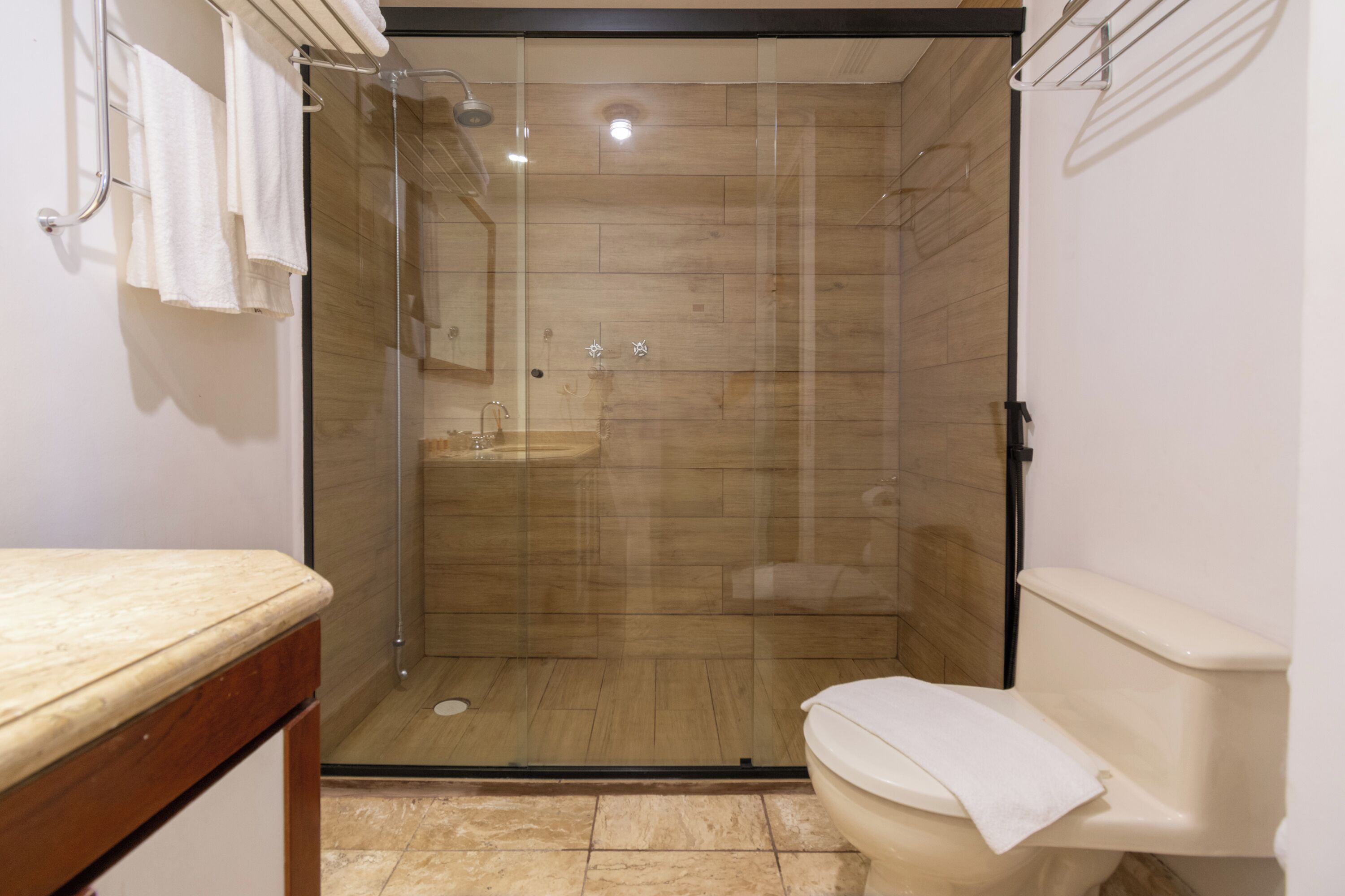A modern bathroom with a glass-enclosed shower, a toilet, and a sink.