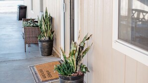 En overdækket veranda med plantekasser, en dør og et vindue med persienner.