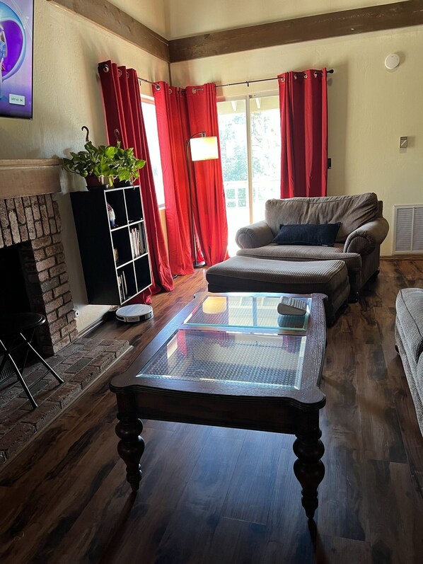 Smart TV, fireplace, books