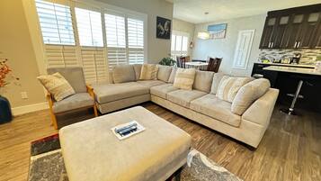 Smart TV, fireplace, foosball, books