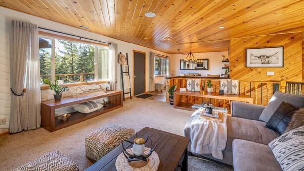 L’intérieur chaleureux d’un chalet avec des plafonds en bois, un espace de vie comprenant un canapé et une table basse, un coin repas agrémenté d’un lustre, et de grandes fenêtres offrant une vue sur la forêt.