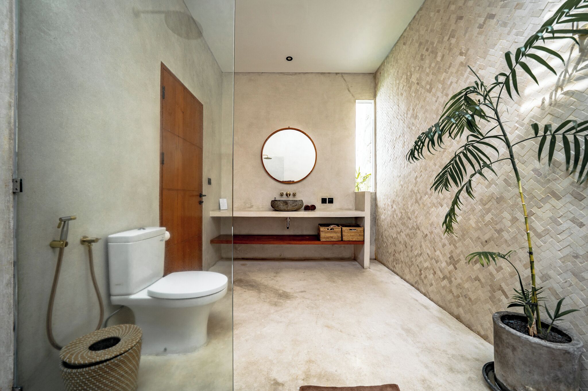 A modern bathroom with a toilet, sink, mirror, and a potted plant.