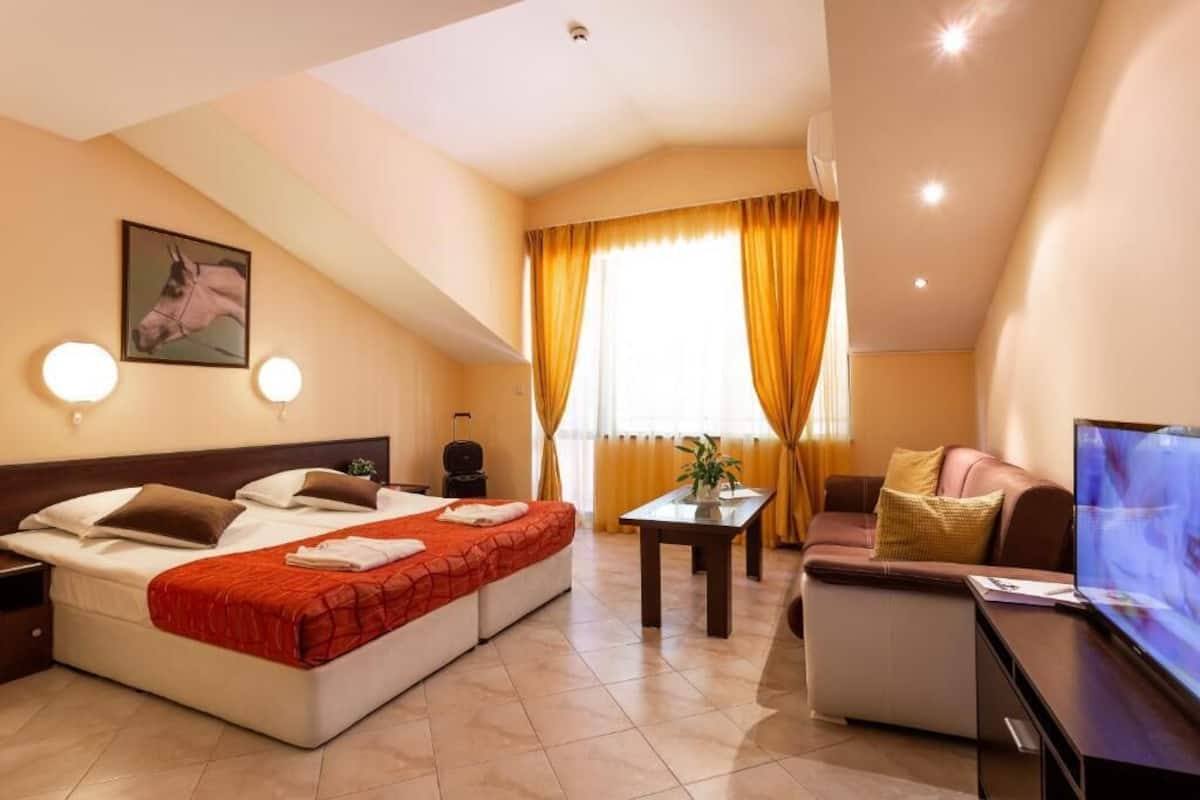 A hotel room with a bed, a sofa, a TV, and a desk.