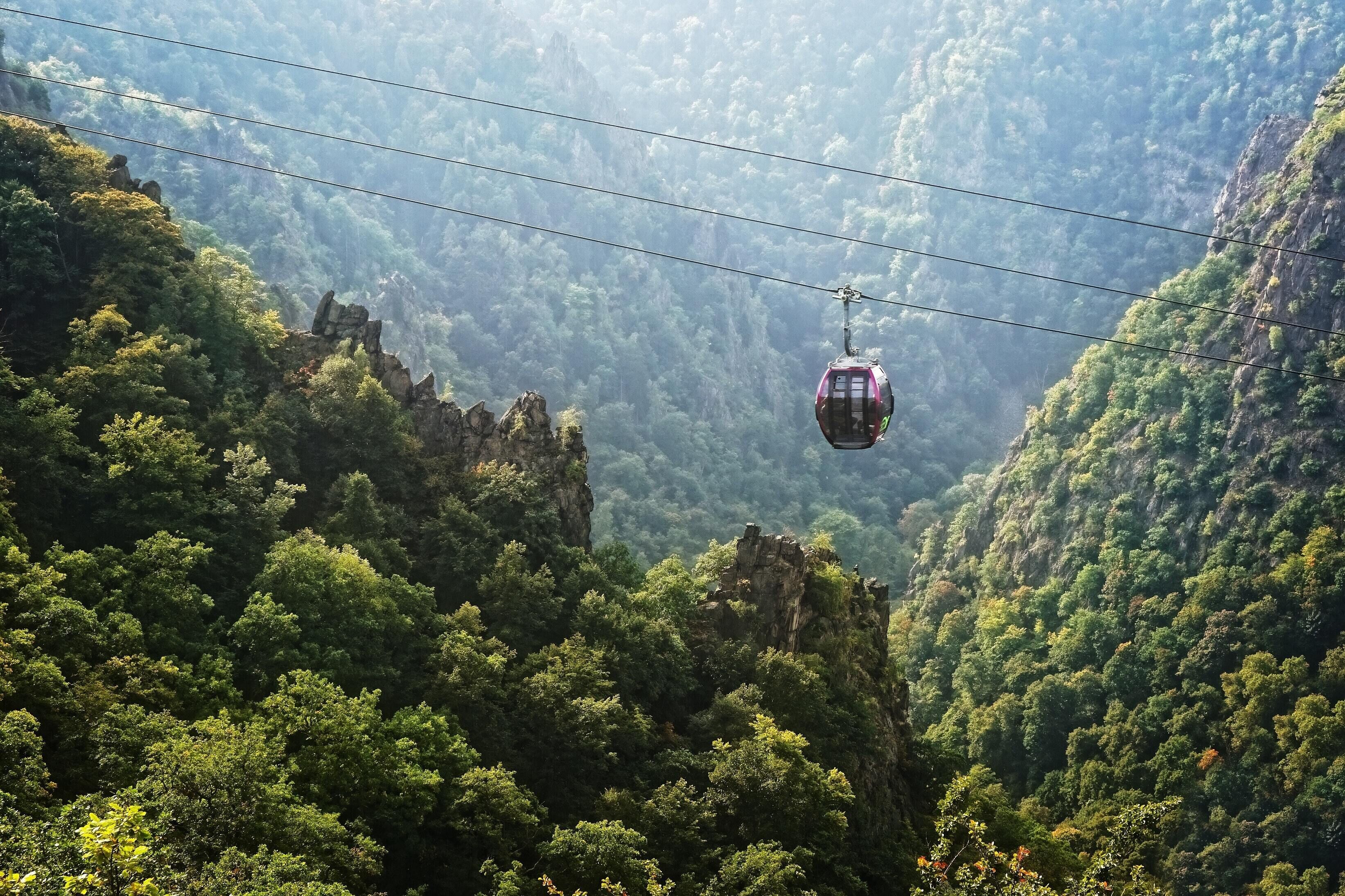 Un teleférico suspendido sobre una zona montañosa y boscosa.