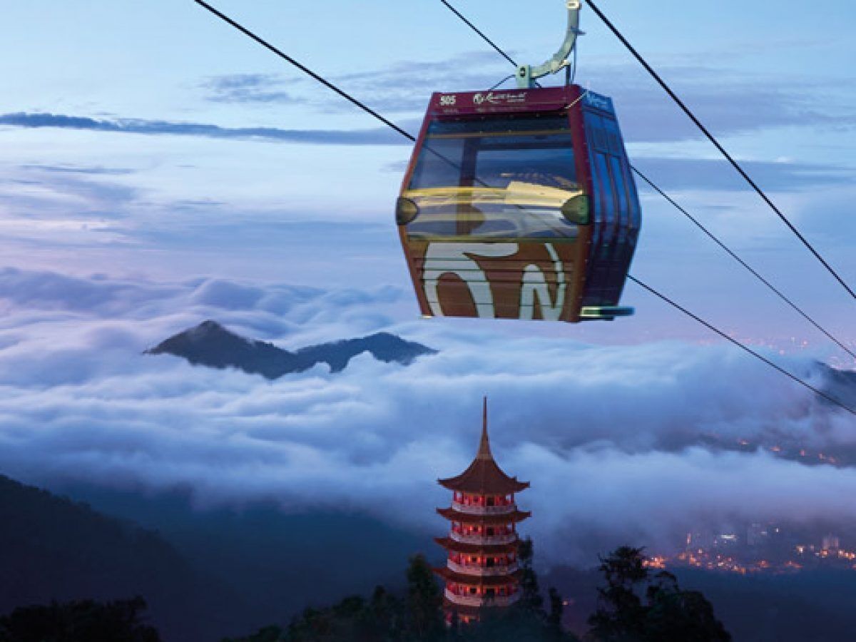 A cable car with a traditional pagoda in the foreground.