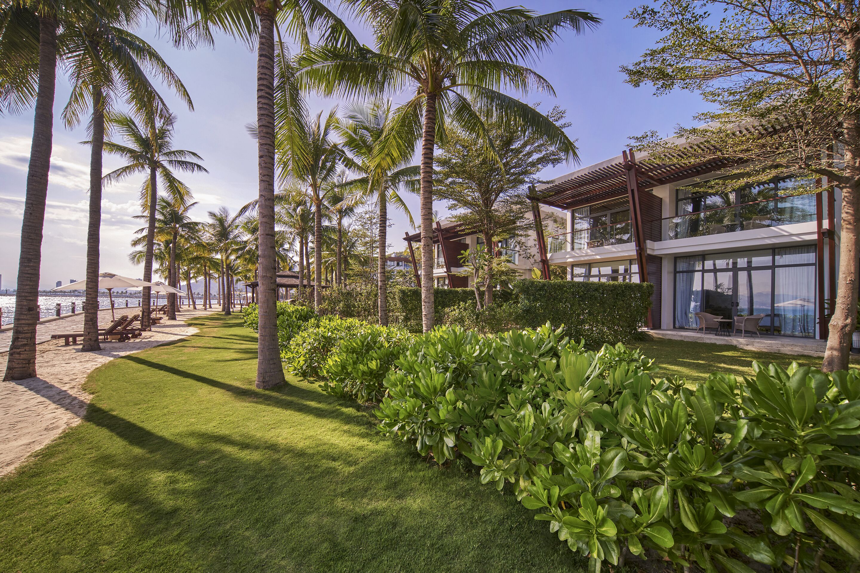 A beachfront property with a well-maintained lawn, palm trees, and a modern building with large windows.