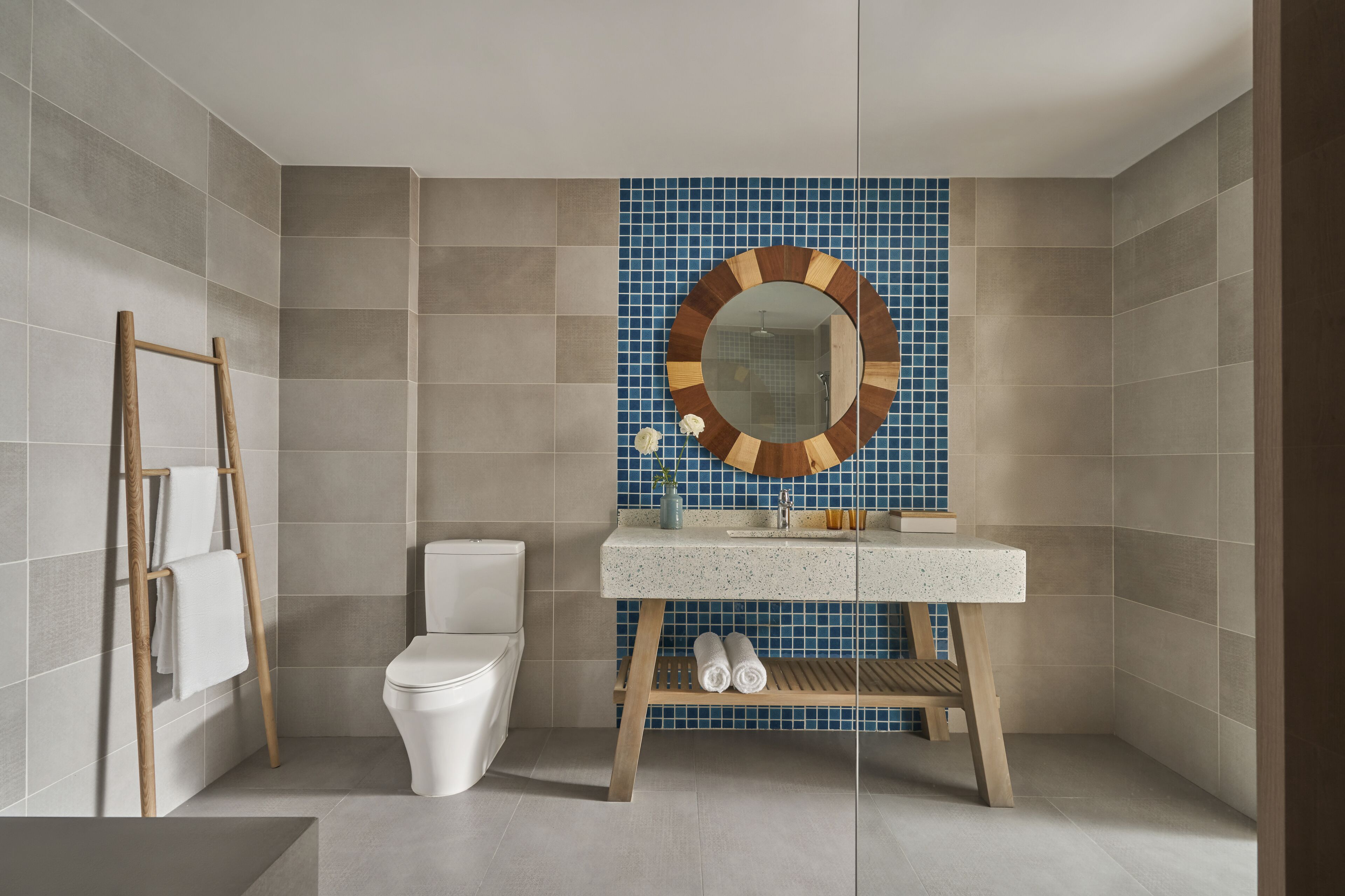 A bathroom with a toilet, sink, wooden ladder, and a mirror with a wooden frame.