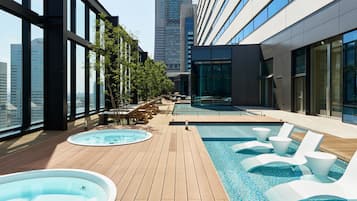 A rooftop pool area with lounge chairs and a hot tub, surrounded by large windows offering city views.