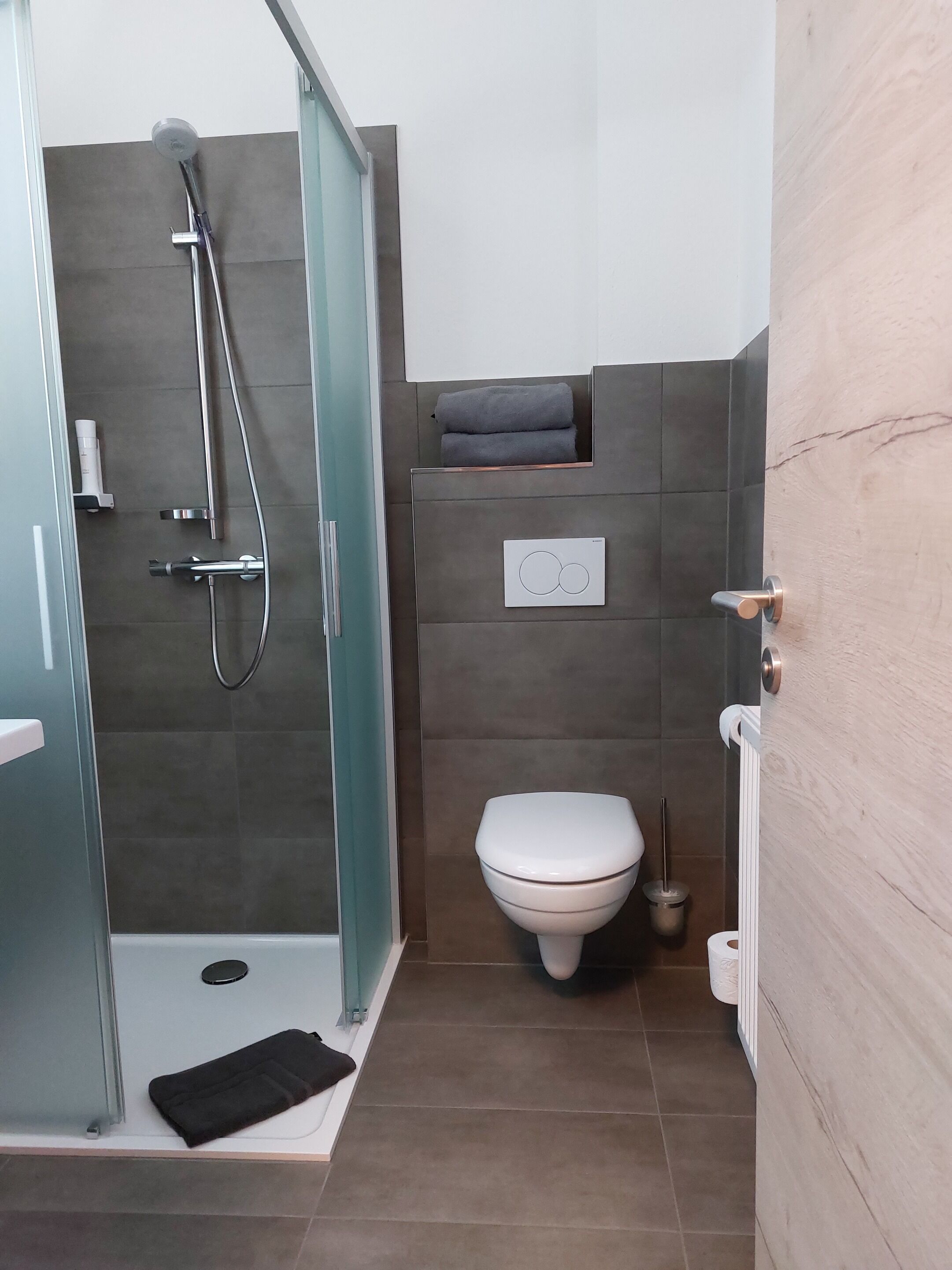 A modern bathroom with a glass-enclosed shower, a toilet, and a towel rack.